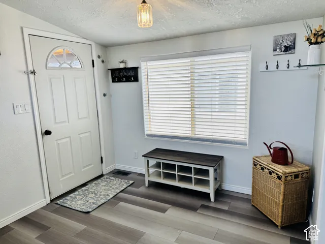 Entryway featuring a white door with an arched glass insert, wood-finish flooring, a window with blinds, and an overhead light fixture