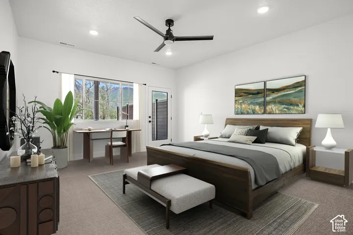 master bedroom - digital furniture Recessed lighting, ceiling fan, and wood-finish door