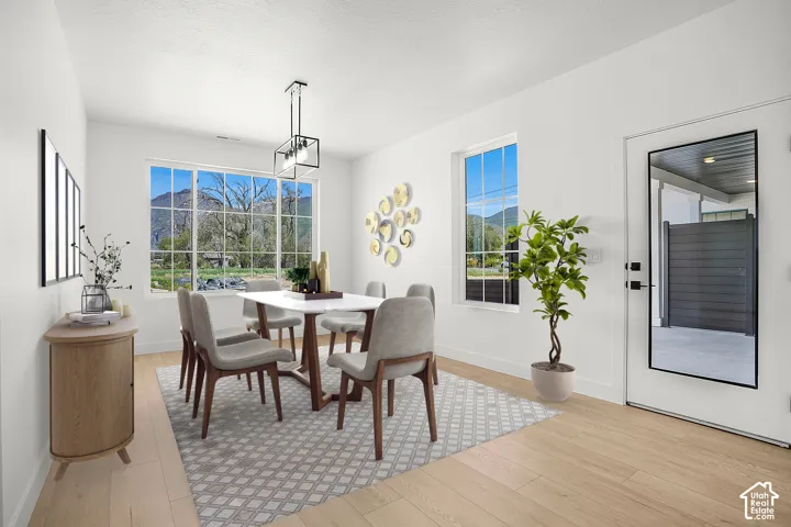 2 plans-Granite -with dining room or Slate with living room -Expansive windows with mountain backdrop, light wood-finish flooring, recessed lighting, and a modern geometric light fixture