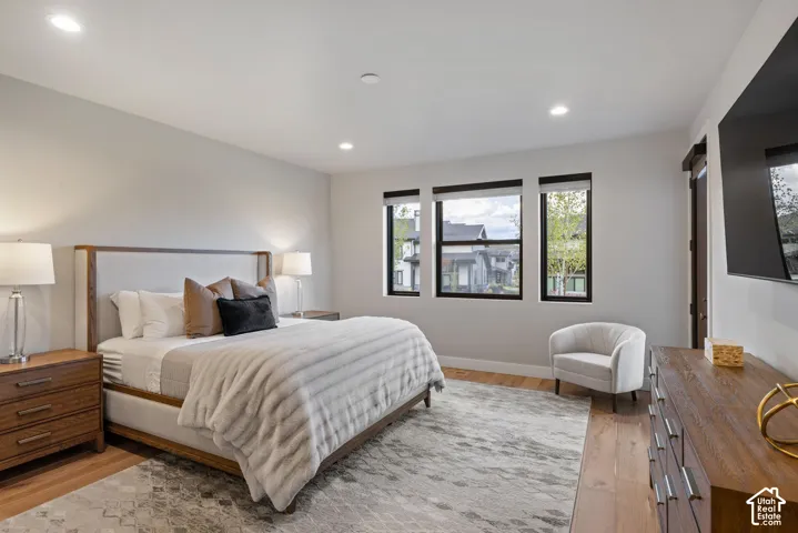 Recessed lighting, wood-finish flooring, multiple windows, and a sliding barn door