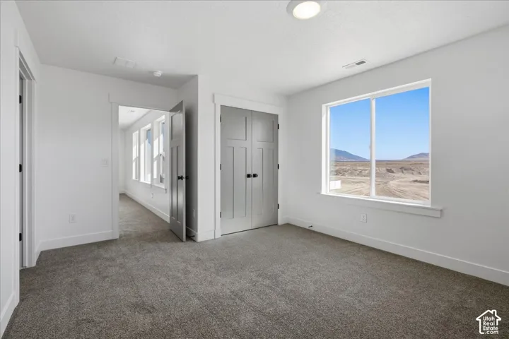 Bright corner bedroom featuring neutral carpeting, dual closets with six-panel doors, and expansive windows framing scenic mountain vistas with clear blue skies