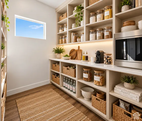 Extensive built-in shelving with integrated under-cabinet lighting