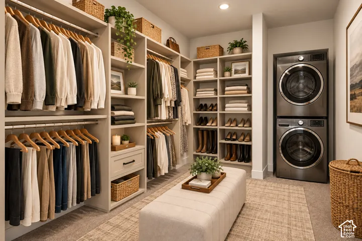 Built-in closet system with shelving, hanging rods, and integrated drawers