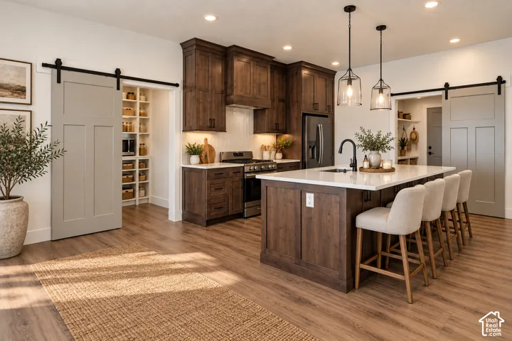 Spacious kitchen featuring wood-finish flooring, dark wood cabinetry, a large kitchen island with counter seating, and recessed lighting