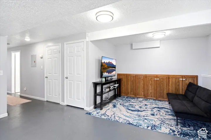 Room with built-in wood cabinetry, overhead lighting, and painted flooring