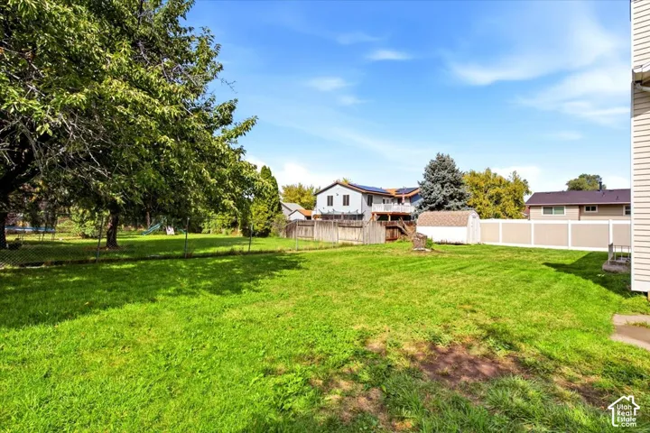 Expansive green lawn with mature trees and a detached shed