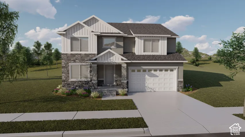 Two-story residence featuring a stone and siding exterior, an attached two-car garage, and a concrete driveway