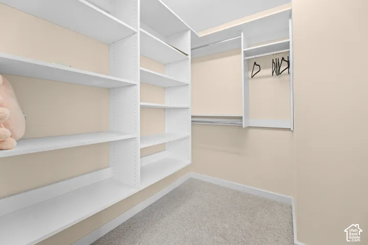 Built-in white shelving, integrated hanging rods, and light-colored carpeting