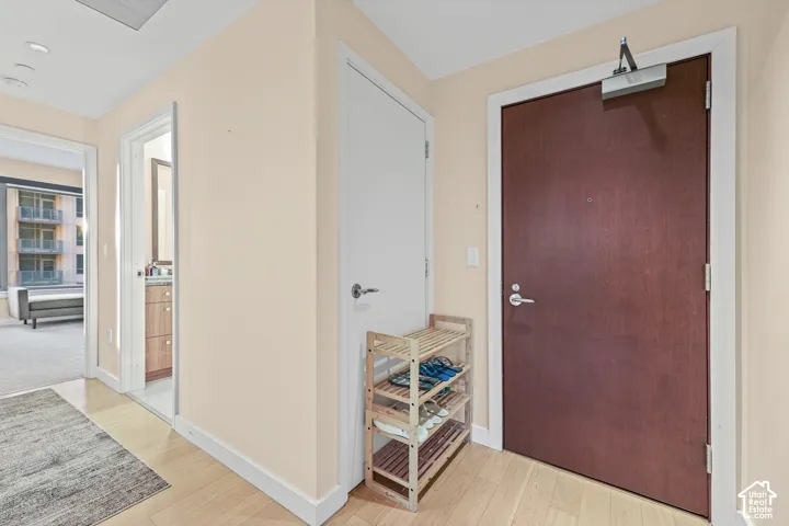 Light wood-finish flooring, white trim, and a dark wood-finish entry door
