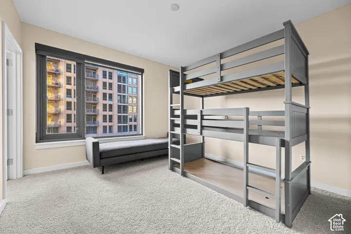 Wall-to-wall carpeting and a large window with roller shades