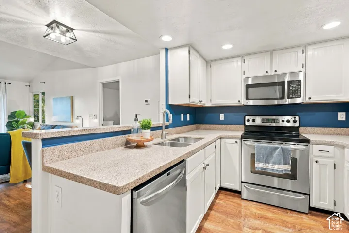 Kitchen featuring white cabinetry, stainless steel appliances, dual basin sink, and wood-finish flooring