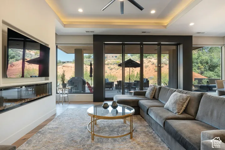 Recessed ceiling lighting, tray ceiling, and wood-finish flooring