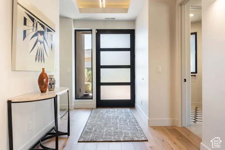 Entryway featuring a modern frosted glass door, adjacent fixed glass panel, wood-finish flooring, and a recessed ceiling with integrated lighting