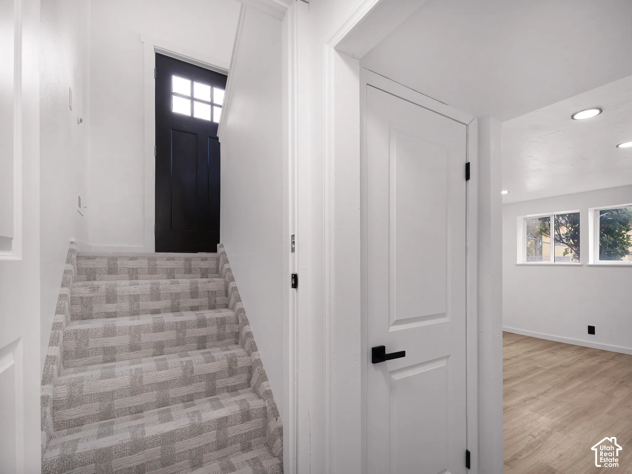 Patterned carpeted staircase with white risers