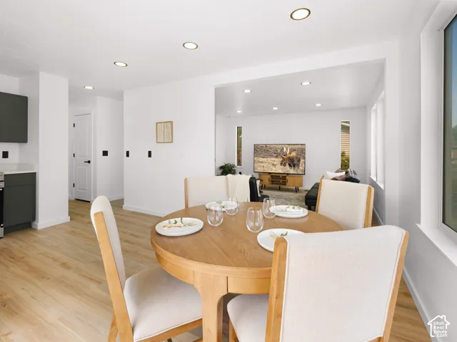 Recessed lighting, wood-finish flooring, white walls, and a wide entryway