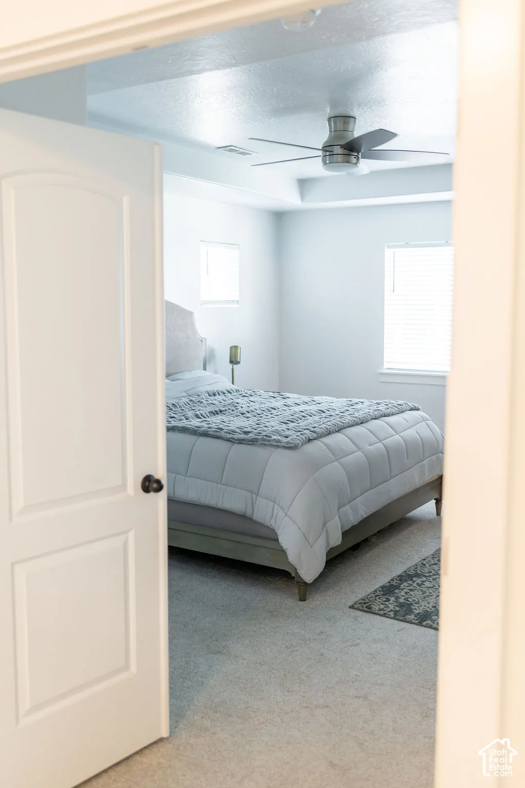 Carpeted room with a contemporary ceiling fan, tray ceiling, and dual windows with blinds