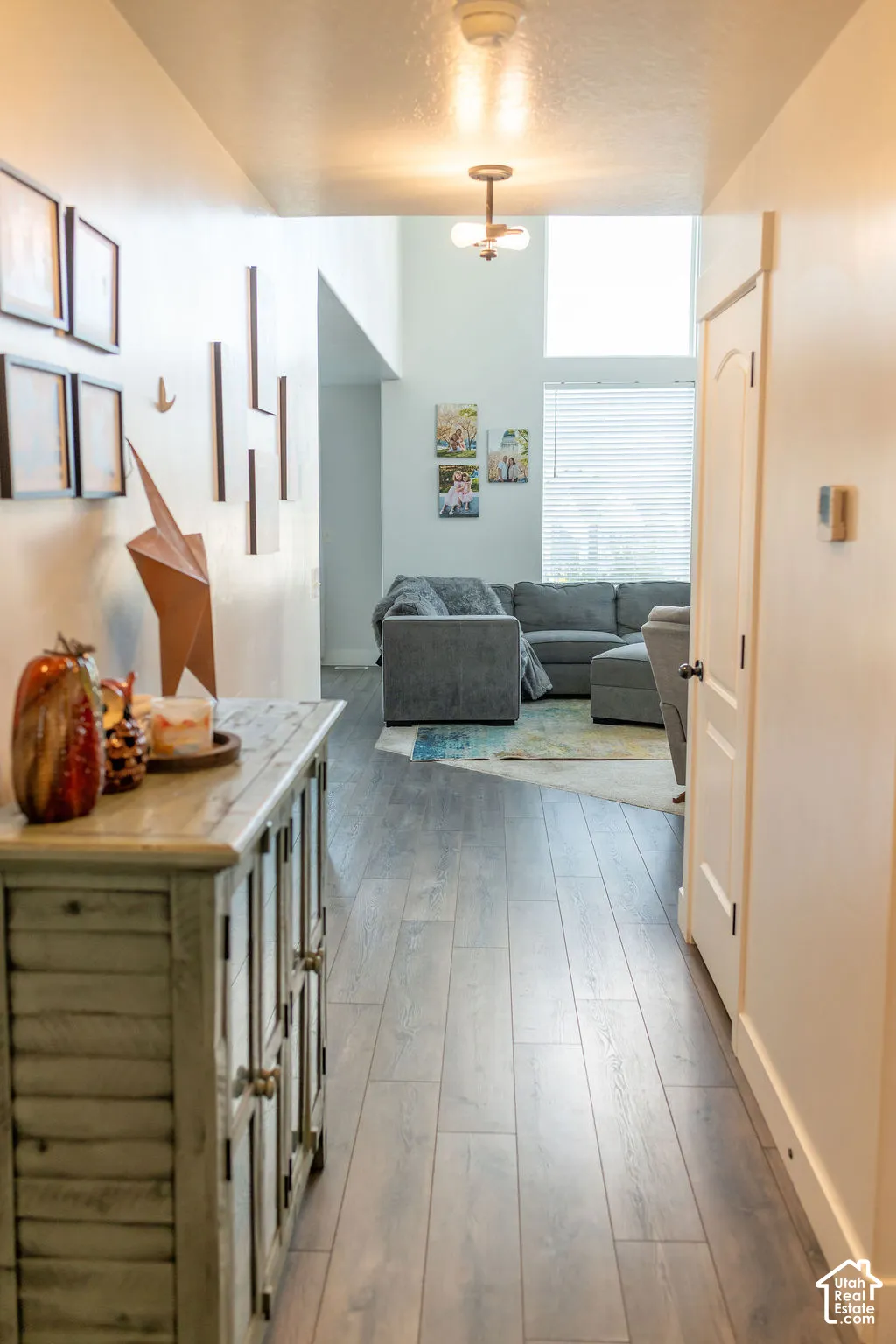 Hallway featuring wood-finish flooring, a wall-mounted light fixture, and a built-in cabinet