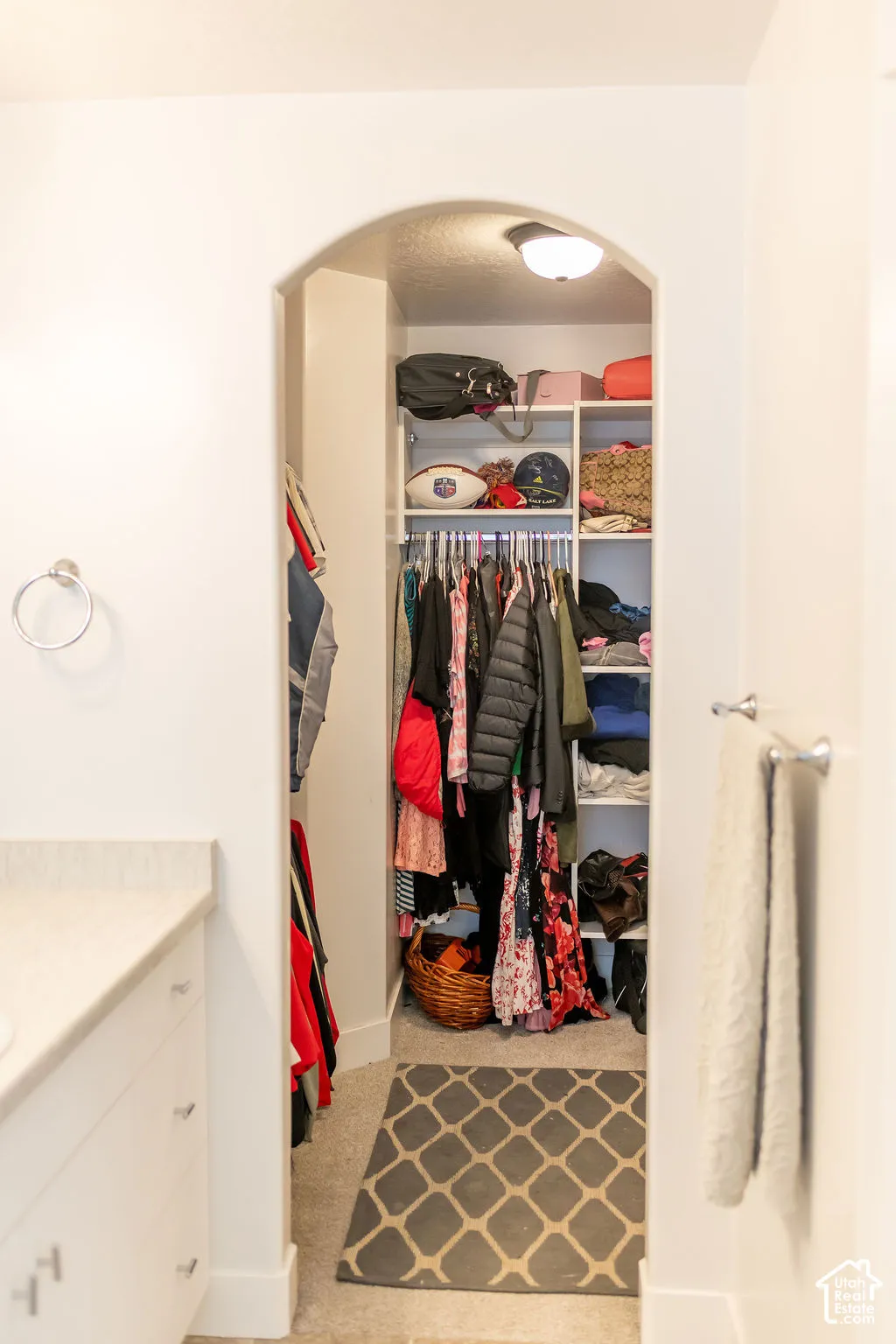 Archway entry to a walk-in closet featuring built-in shelving, clothing rods, and an overhead light fixture