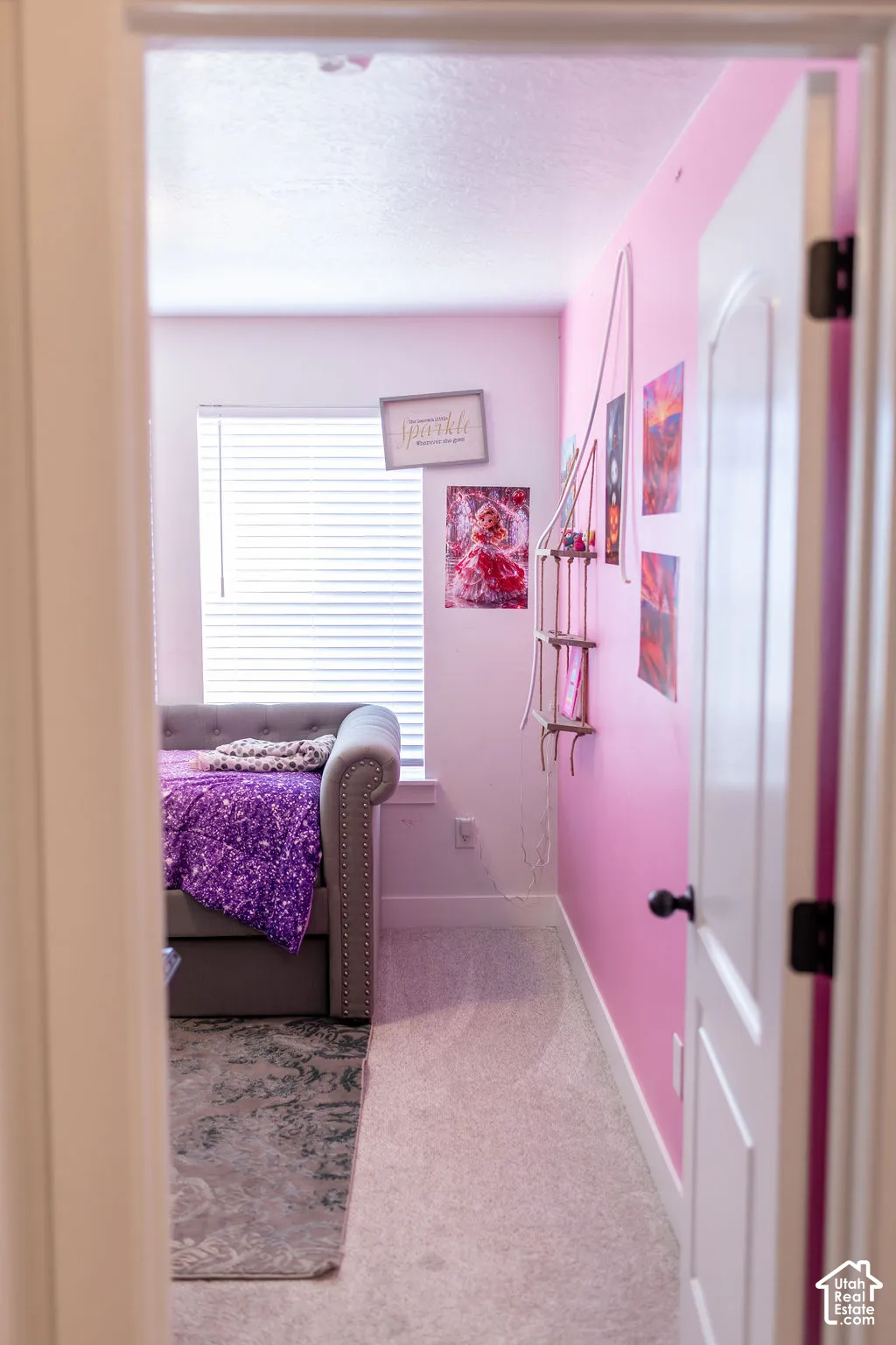 Carpeted flooring extending into the room