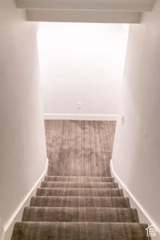 Staircase featuring neutral carpeting and white wall finishes