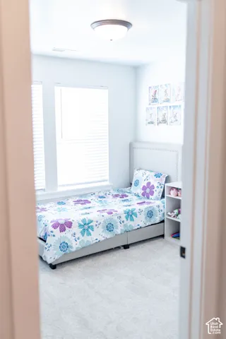 Recessed window with blinds, overhead flush-mount lighting, light-toned carpeting, and a built-in shelving unit
