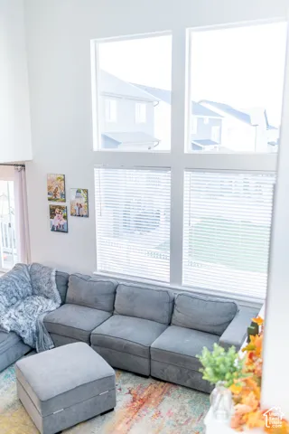 Two-story window wall with multiple panes