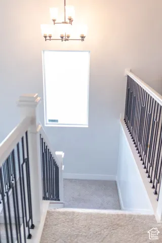 Staircase featuring white newel posts, black iron balusters, and light-toned carpeting