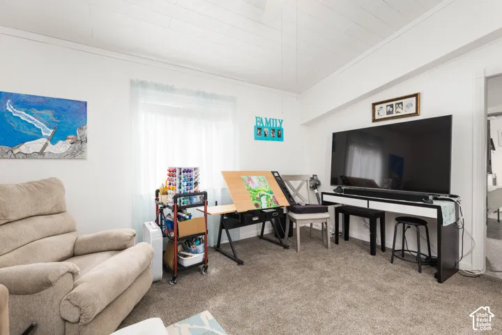 Wall-to-wall carpeting, white painted walls, and a large window with sheer white curtains