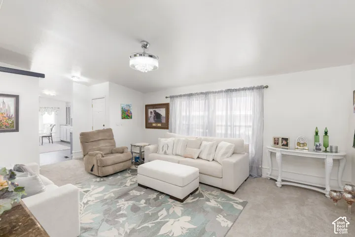 Carpeted flooring, white walls, and a contemporary ceiling fixture