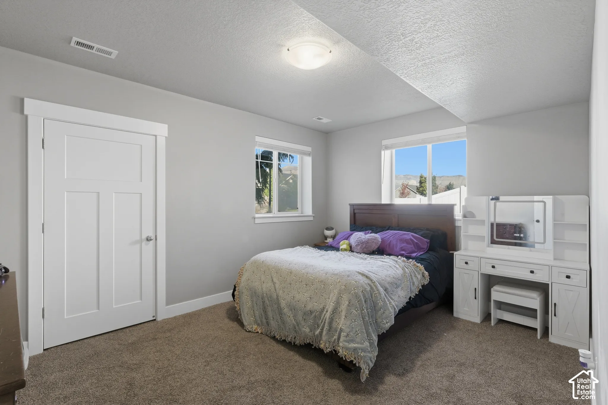 Neutral-toned interior space featuring neutral wall paint, plush carpeting, dual-pane windows with mountain backdrop, and solid-core interior doors with wide trim casing