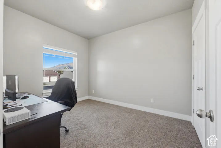 Neutral-toned walls, carpeted flooring, window with natural lighting, and white paneled door