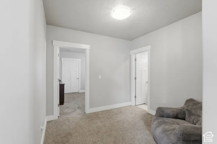 Neutral-toned interior space featuring carpeting, shaker-style interior doors, and custom door casings
