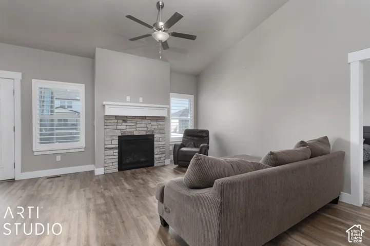 Vaulted ceiling with an attached ceiling fan