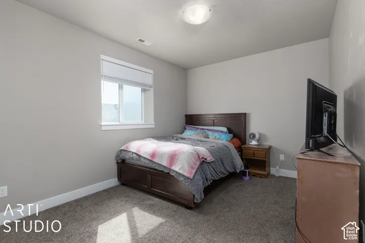 Carpeted room with a double-pane window and a flush-mount ceiling light fixture
