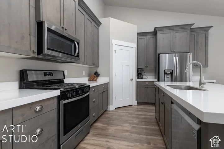 Stainless steel appliance suite, light-toned countertops, wood-finish flooring, shaker-style cabinetry, and a kitchen island with an integrated sink
