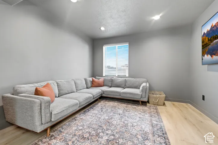 TV room with Recessed ceiling lighting, light gray wall finishes, a single window with blinds, and wood-finish flooring