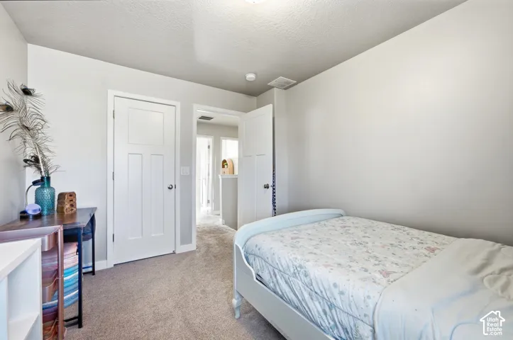 Light gray wall paint, textured ceiling, light gray carpet flooring, white interior doors with paneled design, white trim