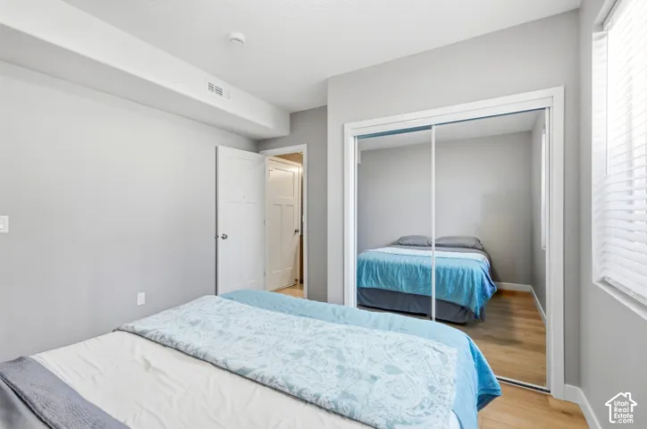 Light wood-finish flooring, white paneled interior doors, and a mirrored closet