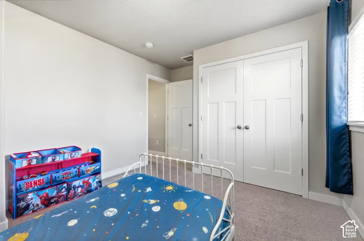 White paneled closet doors, neutral wall paint, light-colored carpeting, and window with blinds