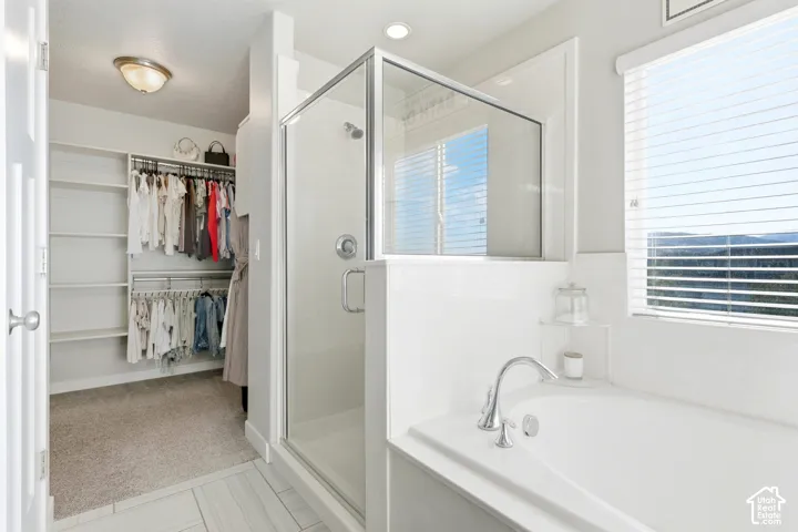 Built-in bathtub with polished chrome fixtures, adjacent glass-enclosed shower, built-in shelving, and carpeted walk-in closet