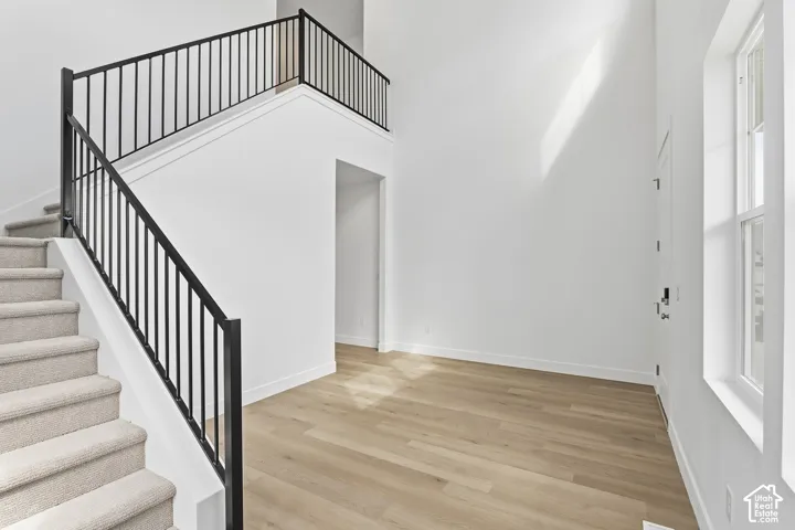 Two-story entry with wood-finish flooring, a carpeted staircase, and black metal railings