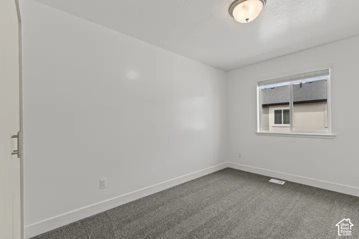 Neutral wall tones, gray carpeting, single window, and a flush-mount ceiling light