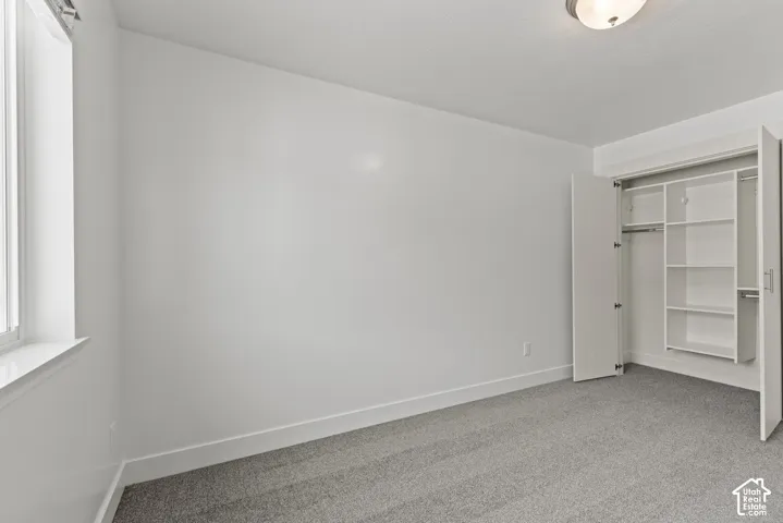 Recessed window with white trim, built-in closet with shelving and hanging rods, ceiling-mounted light fixture, and gray textured carpeting
