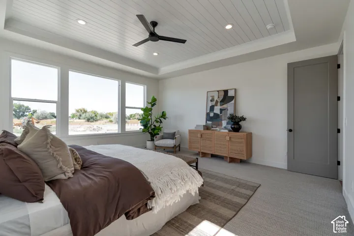Tray ceiling with shiplap detail, recessed lighting, ceiling fan, expansive windows, and a panel door with black hardware