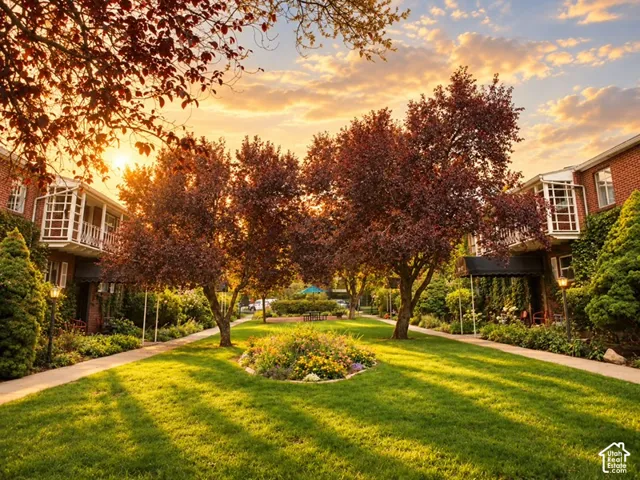 Expansive green lawn with a central flower bed, bordered by concrete pathways