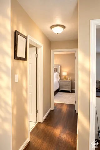 Rich wood-finish flooring, neutral wall tones, and white trim throughout