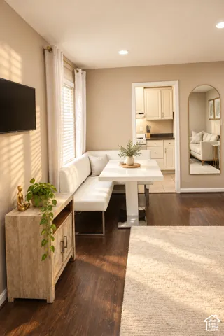 Recessed ceiling lighting, wood-finish flooring, neutral wall tones, white window blinds, and white curtains