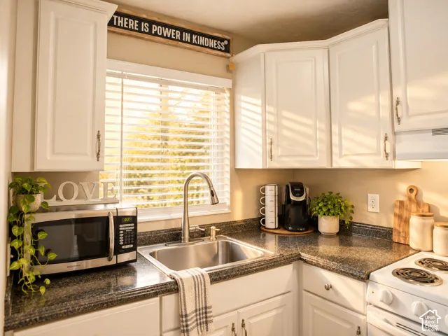 White cabinetry with brushed nickel hardware, dark speckled countertops, a stainless steel sink with a gooseneck faucet, and a white electric range