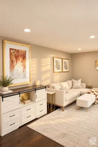 Recessed ceiling lighting, dark wood-finish flooring, and a built-in storage unit with sliding barn doors and multiple drawers