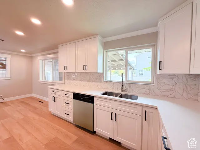 Kitchen featuring white shaker-style cabinetry, a dual basin sink, stainless steel dishwasher, white countertops, and a patterned tile backsplash